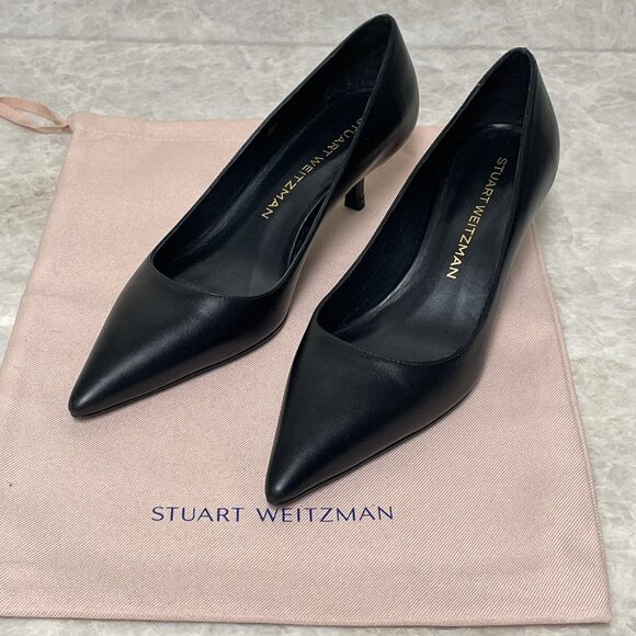 Stuart Weitzman Kitten Heels Pumps 6B Black Smooth Leather Pointed Toe Shoes - Picture 2 of 14